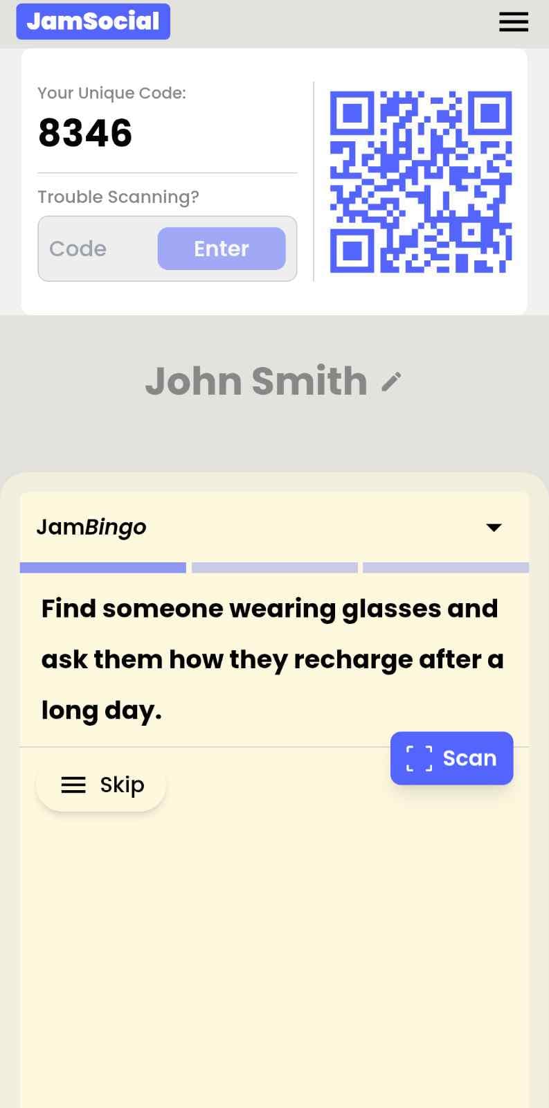 Jam Bingo on an attendee's phone: their own QR code and game code, a conversation prompt, and the Scan button