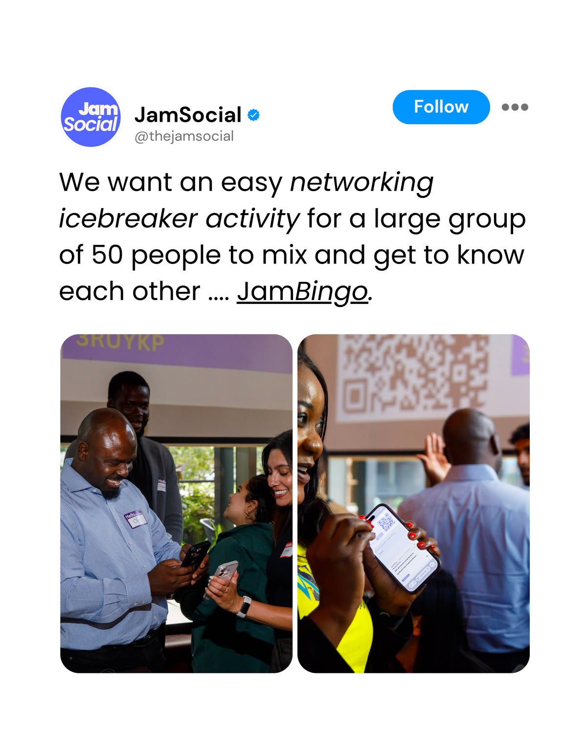 Guests at a 50-person networking event playing Jam Bingo on their phones