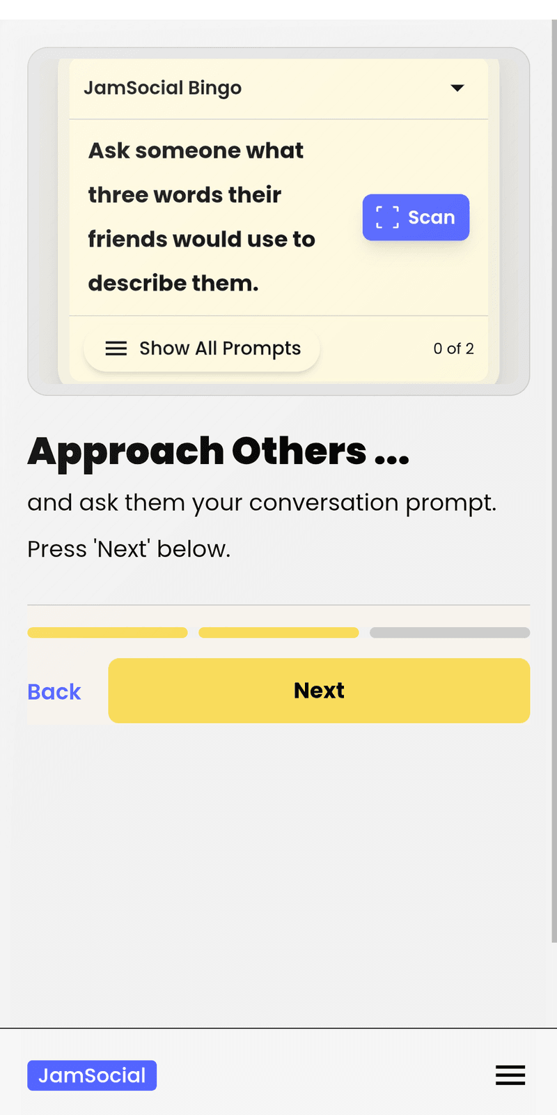 A Jam Bingo conversation prompt on a player's phone