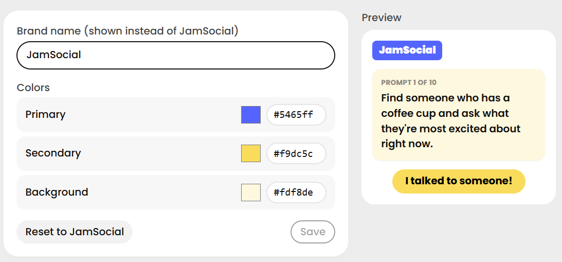 Jam Bingo co-branded with an organizer's name and colors